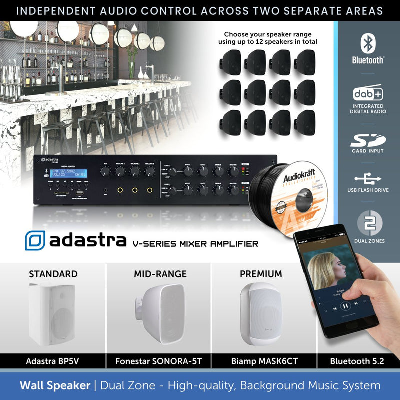 Wall Speaker, Background Music System - Bluetooth, DAB Radio (2 Independent Zones)