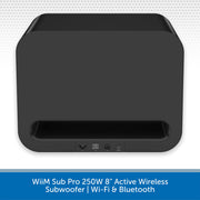 A black rectangular subwoofer shown from the back against a white background with a subtle dotted pattern, featuring a blue banner at the bottom with white text reading 'WiiM Sub Pro 250W 8" Active Wireless Subwoofer | Wi-Fi & Bluetooth'.