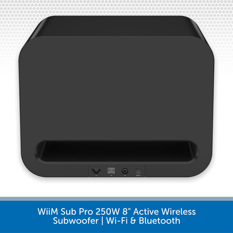 A black rectangular subwoofer shown from the back against a white background with a subtle dotted pattern, featuring a blue banner at the bottom with white text reading 'WiiM Sub Pro 250W 8" Active Wireless Subwoofer | Wi-Fi & Bluetooth'.