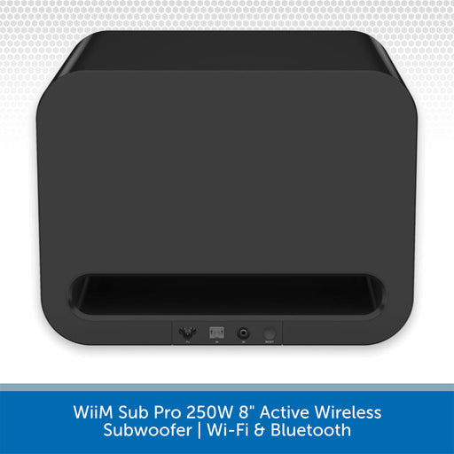 A black rectangular subwoofer shown from the back against a white background with a subtle dotted pattern, featuring a blue banner at the bottom with white text reading 'WiiM Sub Pro 250W 8" Active Wireless Subwoofer | Wi-Fi & Bluetooth'.