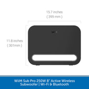 A black WiiM Sub Pro 250W 8-inch active wireless subwoofer shown on a white background with dimension labels indicating 15.7 inches wide and 11.
