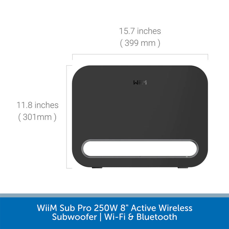 A black WiiM Sub Pro 250W 8-inch active wireless subwoofer shown on a white background with dimension labels indicating 15.7 inches wide and 11.