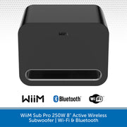WiiM Sub Pro 250W 8-inch active wireless subwoofer in black, shown from the front with WiiM, Bluetooth, and Wi-Fi logos and product text below on a white and blue background.