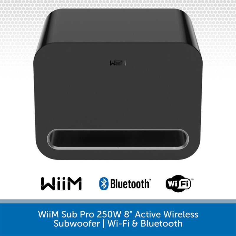 WiiM Sub Pro 250W 8-inch active wireless subwoofer in black, shown from the front with WiiM, Bluetooth, and Wi-Fi logos and product text below on a white and blue background.