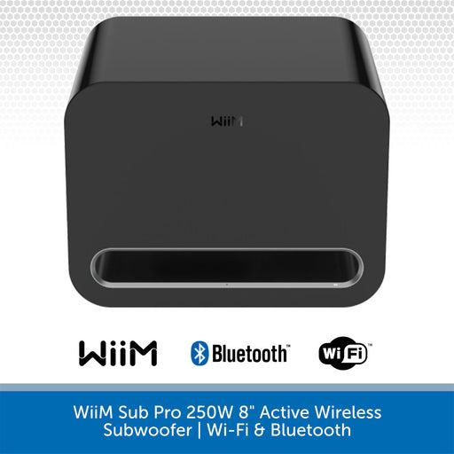 WiiM Sub Pro 250W 8-inch active wireless subwoofer in black, shown from the front with WiiM, Bluetooth, and Wi-Fi logos and product text below on a white and blue background.