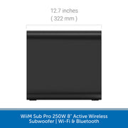 A black rectangular subwoofer shown on a white background with a blue banner at the bottom. Text above indicates 12.