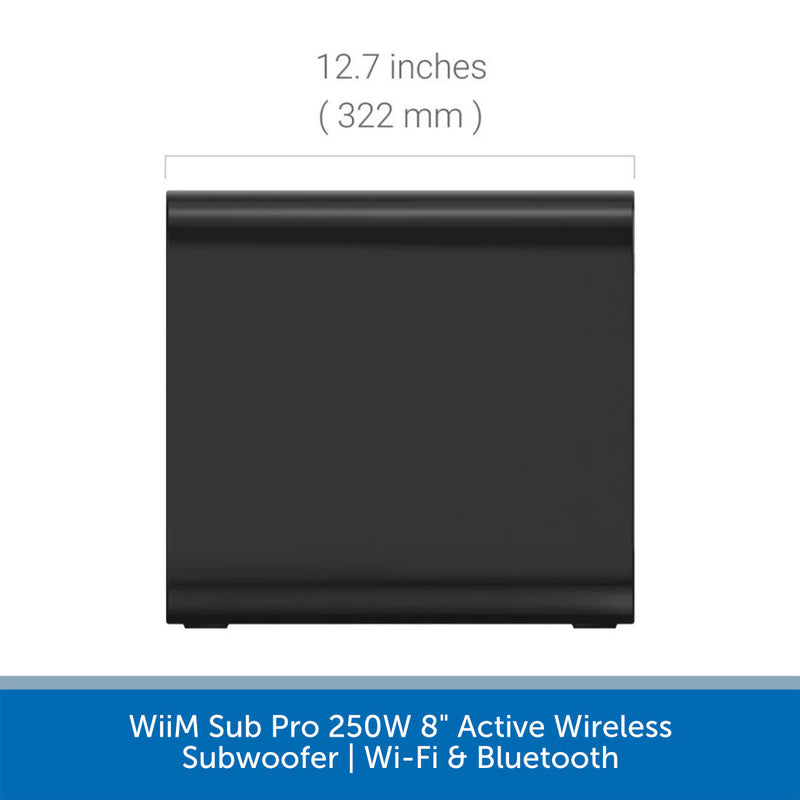 A black rectangular subwoofer shown on a white background with a blue banner at the bottom. Text above indicates 12.