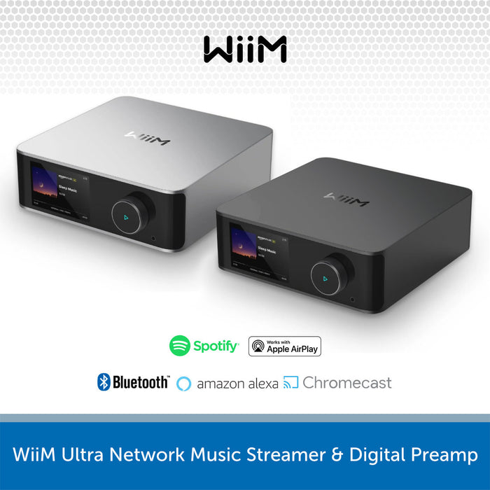 WiiM Ultra Network Music Streamer & Digital Preamp with Spotify, Apple AirPlay, Bluetooth, Amazon Alexa, and Chromecast logos on a white background.