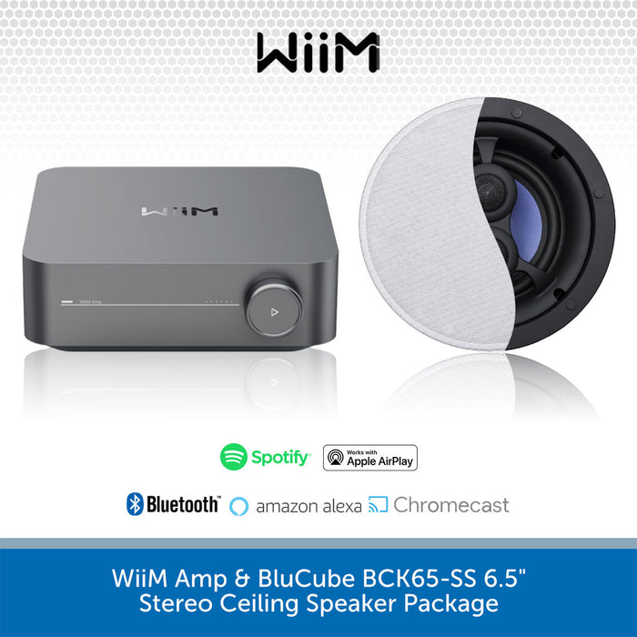 WiiM Amp & BluCube BCK65-SS 6.5" Stereo Ceiling Speaker Package with Spotify, Amazon Alexa, and Chromecast logos on a white background.