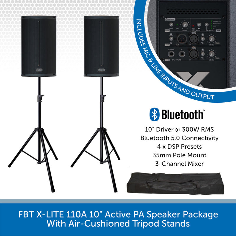 FBT X-LITE 110A 10" Active PA Speaker Package With Air-Cushioned Tripod Stands