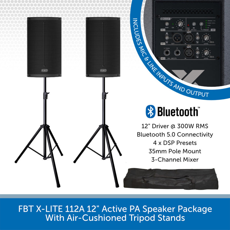 FBT X-LITE 112A 12" Active PA Speaker Package With Air-Cushioned Tripod Stands