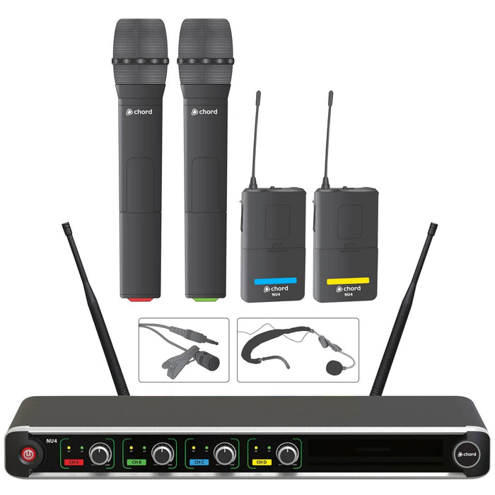 Chord NU4-C Quad UHF Mic System – 2 Handheld & 2 Lavalier/Headset