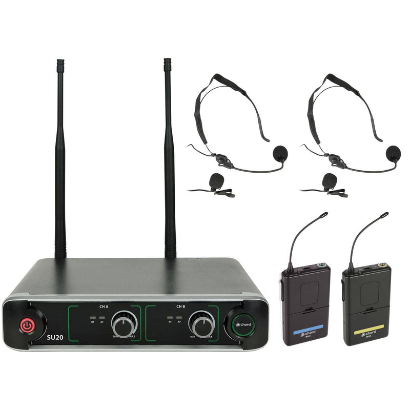 Chord SU20-B-BY Dual UHF Beltpack Wireless Microphone System with Lavalier & Headset Mics (864.8 + 863.1MHz)