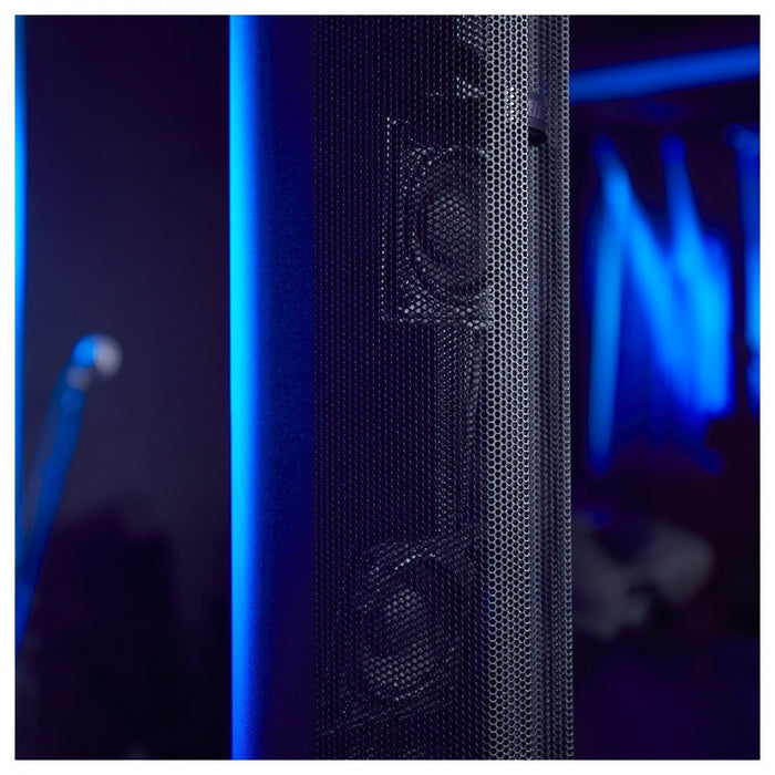 Close-up of a textured surface with a brand logo, illuminated by blue light.