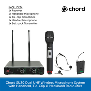 Chord SU20 Dual UHF Wireless Microphone System with Handheld, Tie-Clip & Neckband Radio Mics