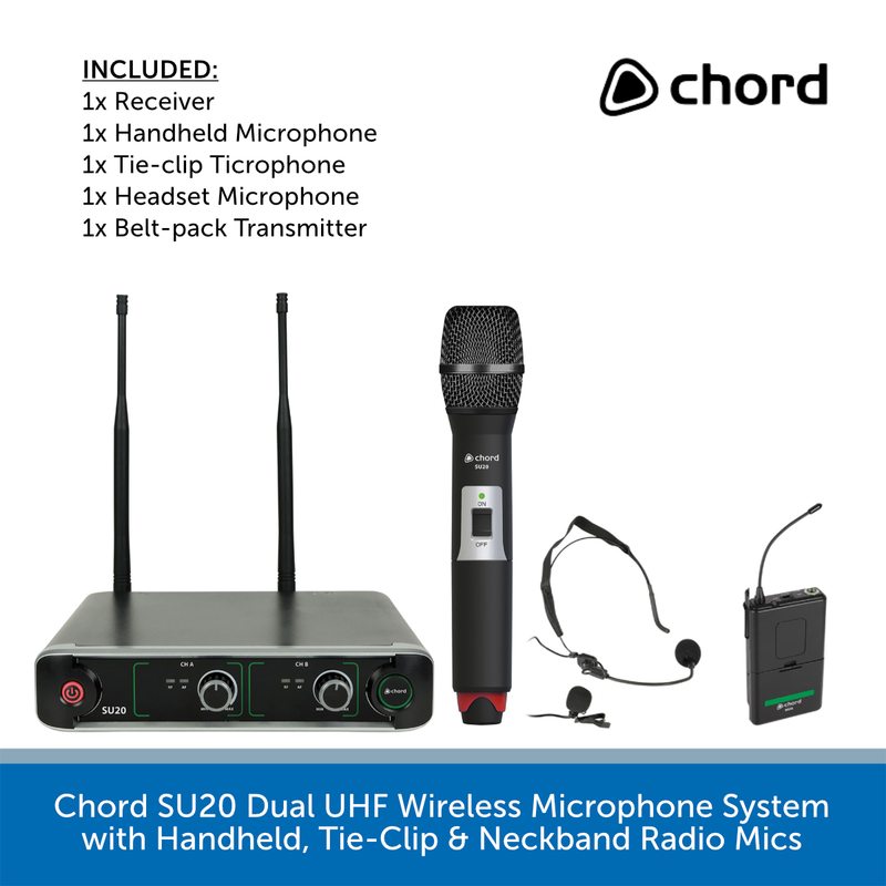 Chord SU20 Dual UHF Wireless Microphone System with Handheld, Tie-Clip & Neckband Radio Mics