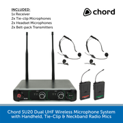 Chord SU20 Dual UHF Wireless Microphone System with Handheld, Tie-Clip & Neckband Radio Mics