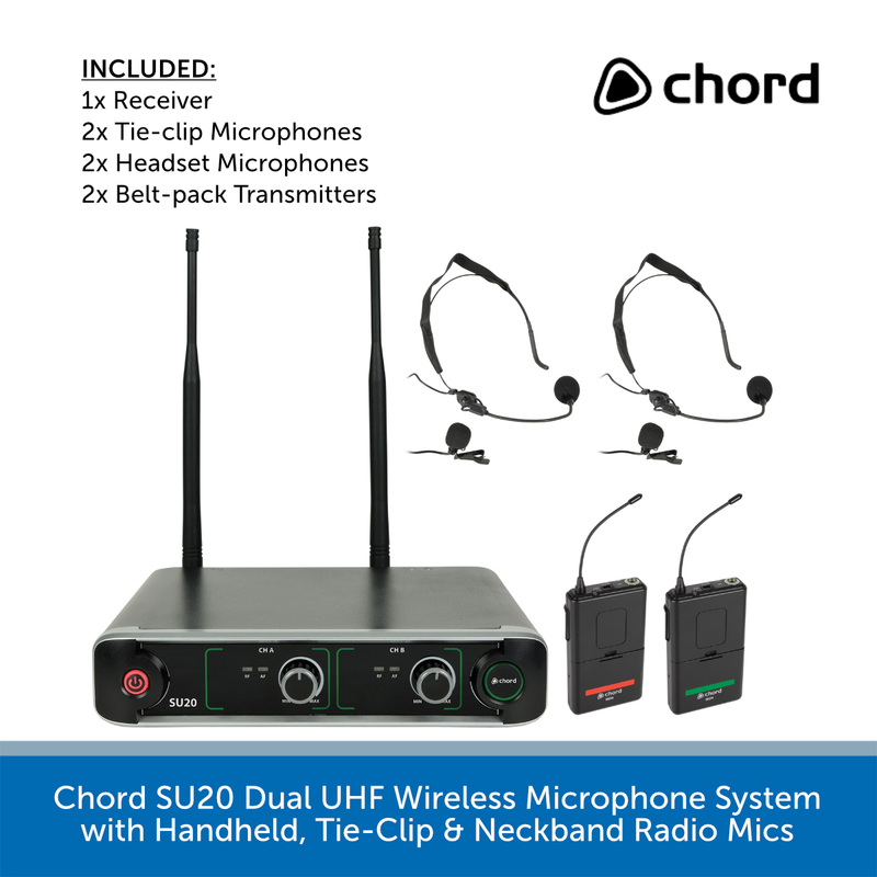 Chord SU20 Dual UHF Wireless Microphone System with Handheld, Tie-Clip & Neckband Radio Mics