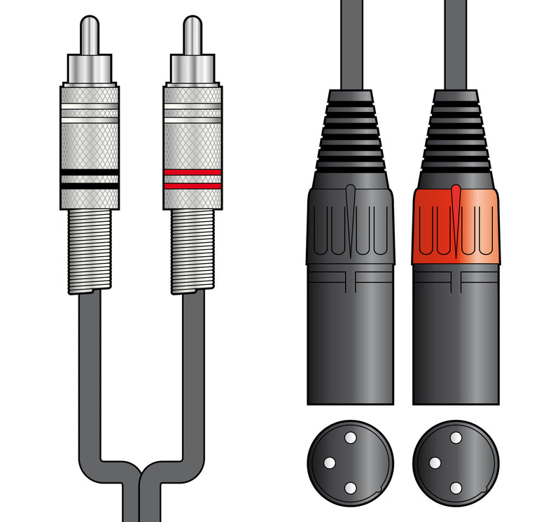 Twinned RCA/Phono Plugs to XLR Male Audio Cable for linking PA Amplifiers, Mixers, Etc.