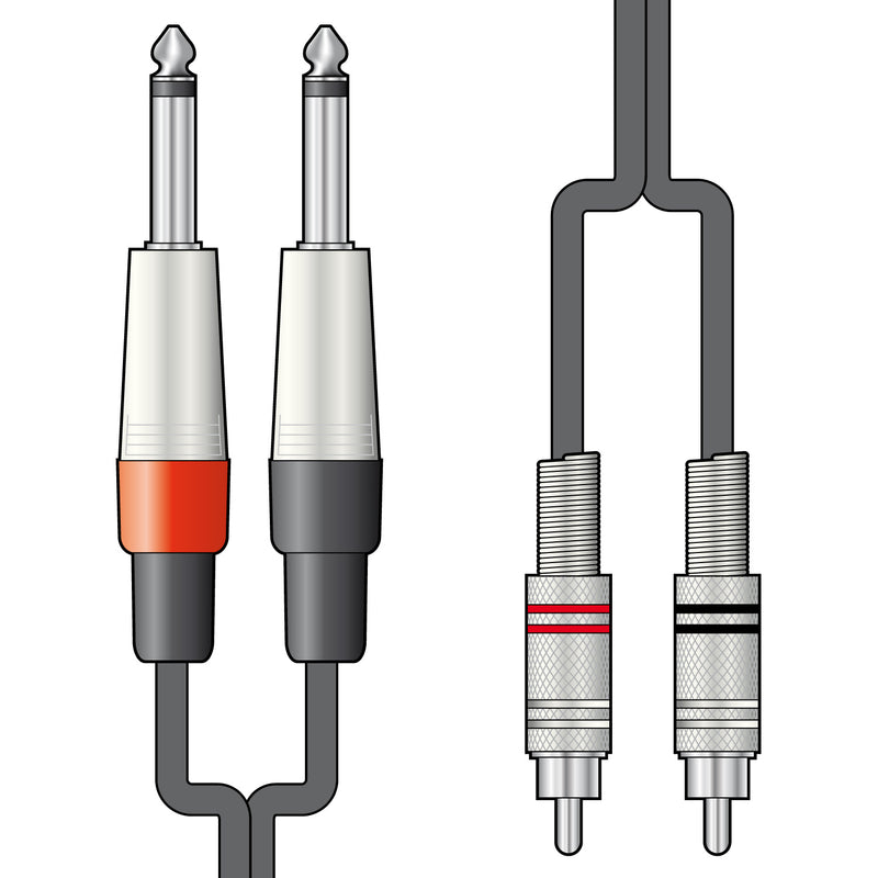 Twinned 6.35mm Mono Jack to RCA Phono Audio Cable for PA Amplifiers, Mixers, Etc.