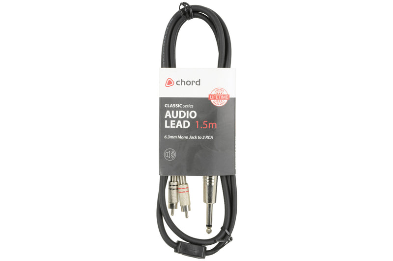 1x 6.35mm Mono Jack to 2x RCA Phono Plugs, High-quality Audio Cable