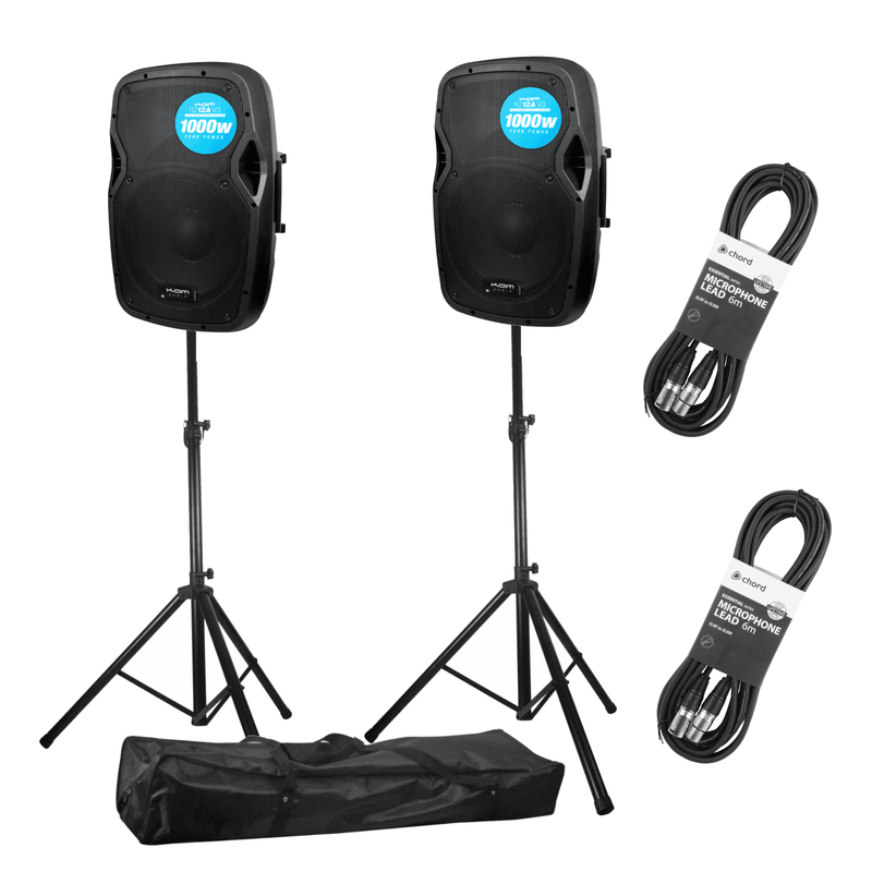 2 x Kam RZ12A V3 12" Active PA Speakers with Stands & Cables
