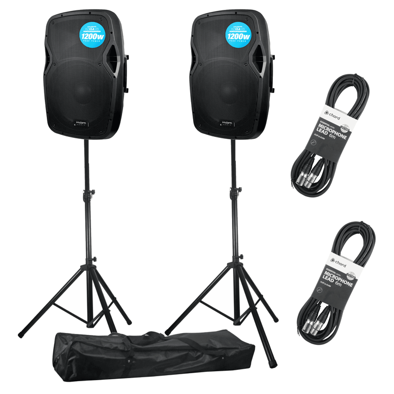 Kam RZ15A V3 15" Active PA Speaker Bundle with Stands & Cables – Pair