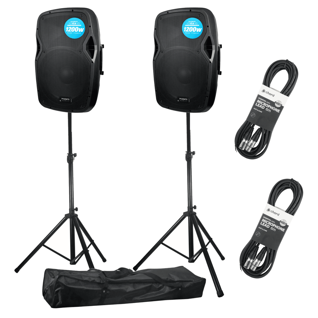 Kam RZ15A Active PA Speaker Bundle with Stands Cables Audio Volt