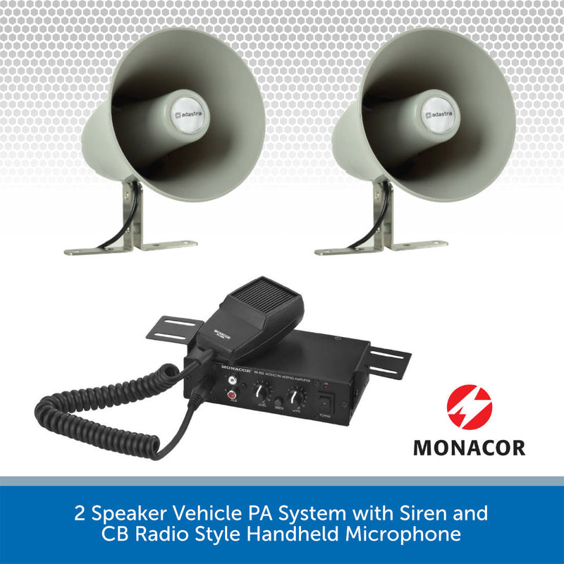 2 Speaker Vehicle PA System with Siren and CB Radio Style Handheld Microphone