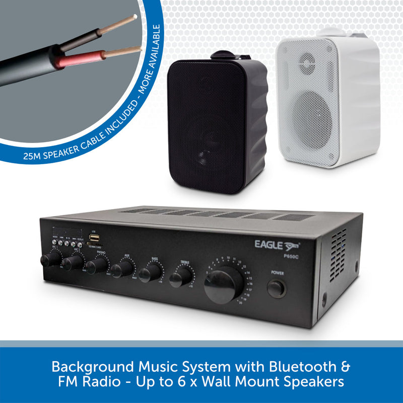 Compact Background Music System with Bluetooth, USB & FM Radio - Up to 6 x Wall Mount Speakers