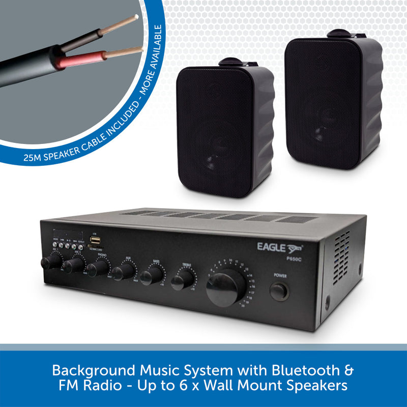 Compact Background Music System with Bluetooth, USB & FM Radio - Up to 6 x Wall Mount Speakers