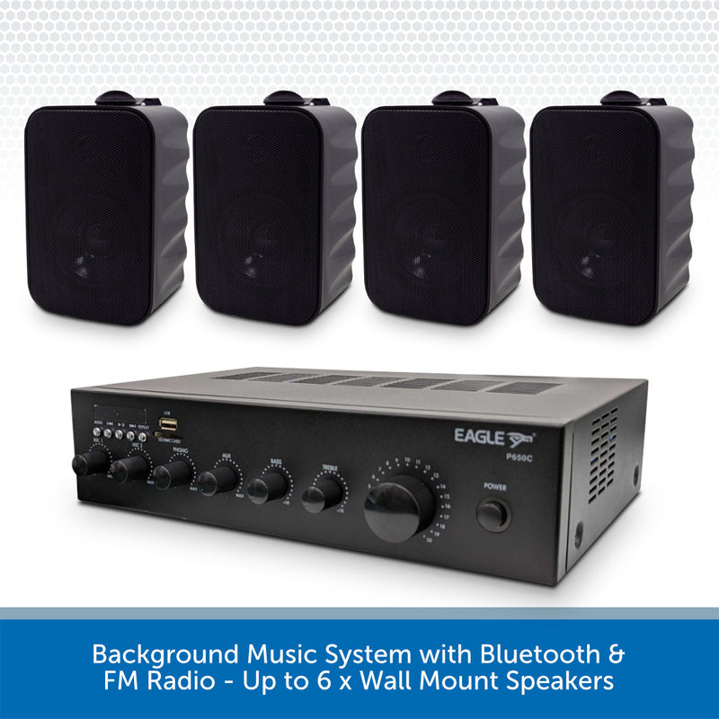 Compact Background Music System with Bluetooth, USB & FM Radio - Up to 6 x Wall Mount Speakers