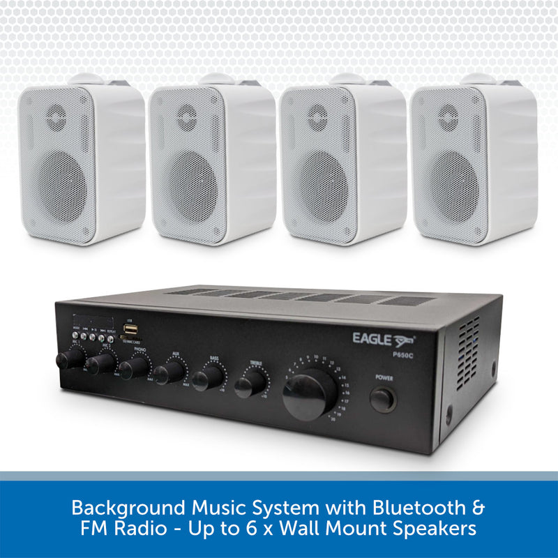 Compact Background Music System with Bluetooth, USB & FM Radio - Up to 6 x Wall Mount Speakers