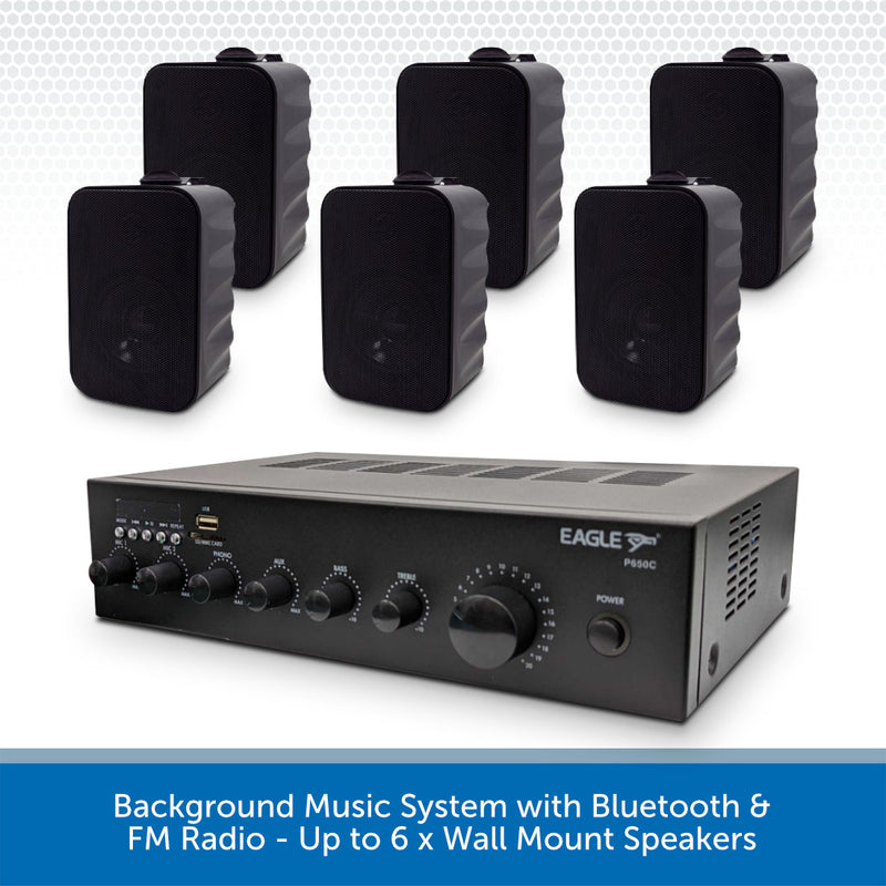 Compact Background Music System with Bluetooth, USB & FM Radio - Up to 6 x Wall Mount Speakers