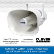 8 Speaker Outdoor PA System with Tripod Stands & Horn Speakers8x 15W Horn Speaker & Bluetooth Amplifier Outdoor Weatherproof PA System with Tripod Stands