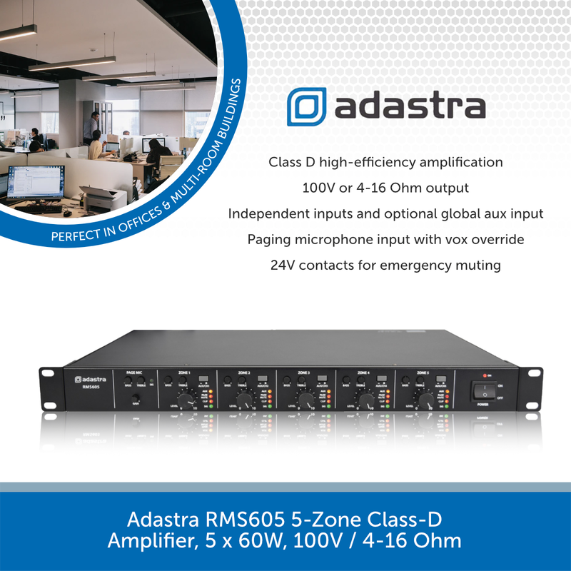 Adastra RMS605 5-Zone Class-D Amplifier, 5 x 60W, 100V / 4-16 Ohm