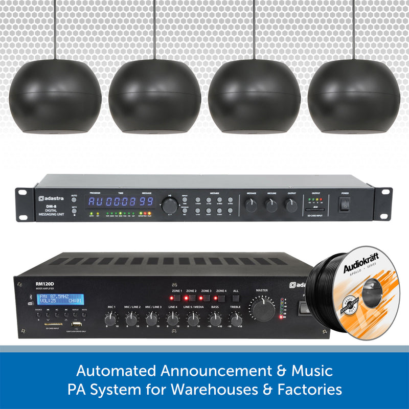Automated Announcement & Music PA System for Warehouses & Factories - Wall Mount or Pendant Speakers