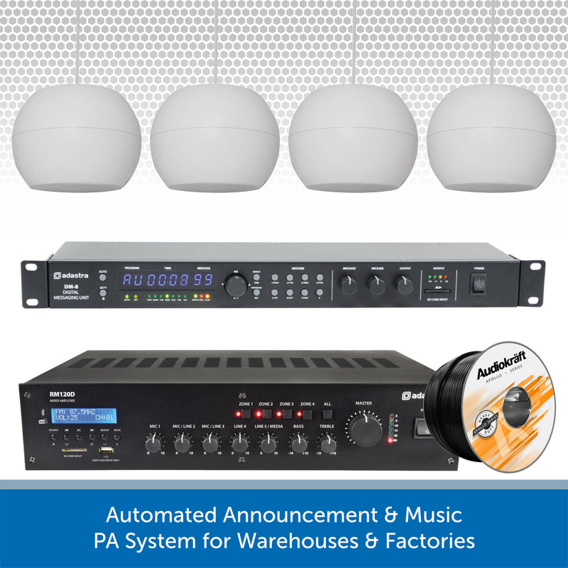 Automated Announcement & Music PA System for Warehouses & Factories - Wall Mount or Pendant Speakers