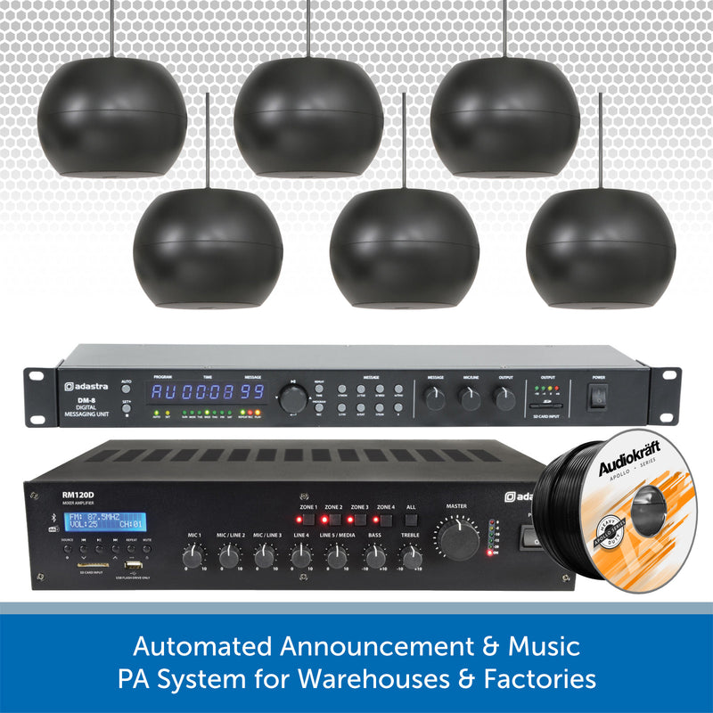 Automated Announcement & Music PA System for Warehouses & Factories - Wall Mount or Pendant Speakers
