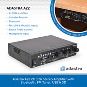 Adastra A22 2X 55W Stereo Amplifier with Bluetooth, FM Tuner, USB & SD
