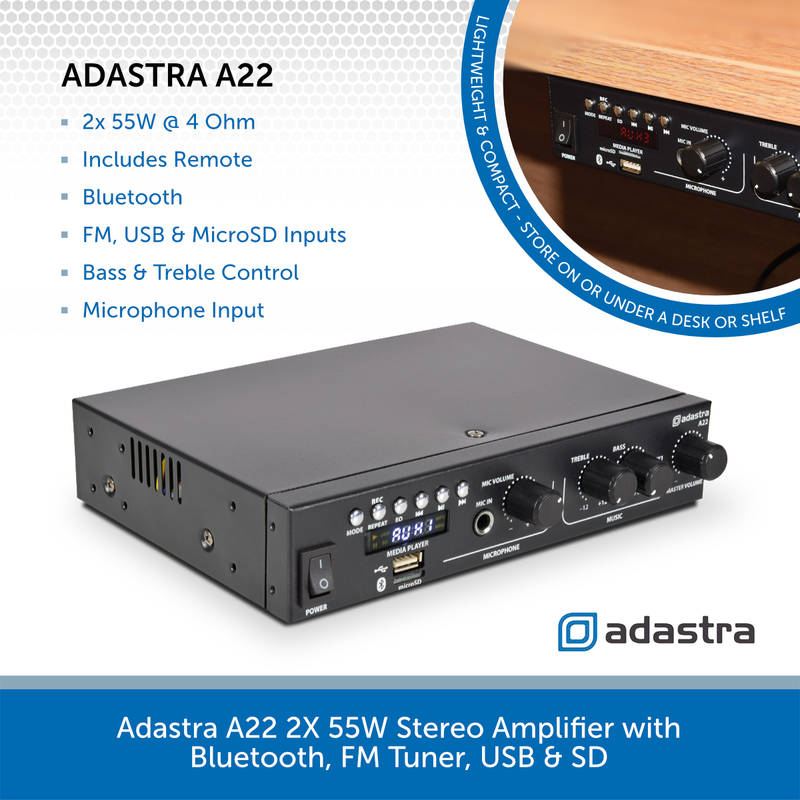 Adastra A22 2X 55W Stereo Amplifier with Bluetooth, FM Tuner, USB & SD