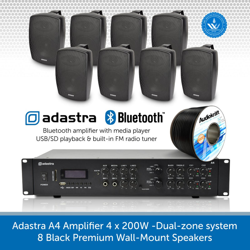 Adastra A4 Amplifier 4 x 200W with Premium Wall-Mount Speakers