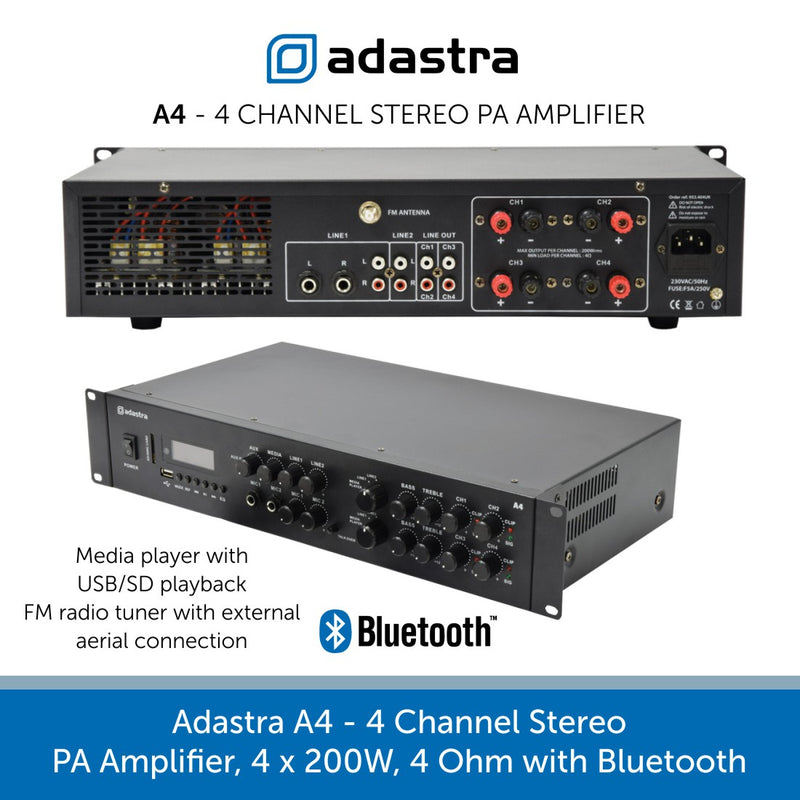 Adastra A4 Amplifier 4 x 200W with Premium Wall-Mount Speakers