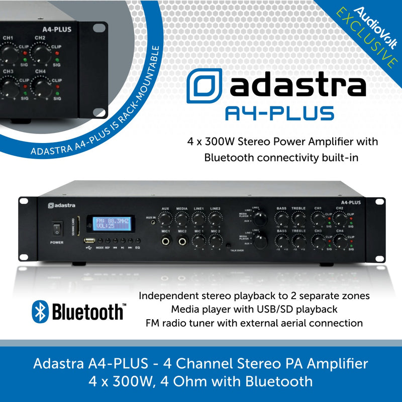 Adastra A4-PLUS - 4 Channel Stereo PA Amplifier, 4 x 300W, 4 Ohm with Bluetooth