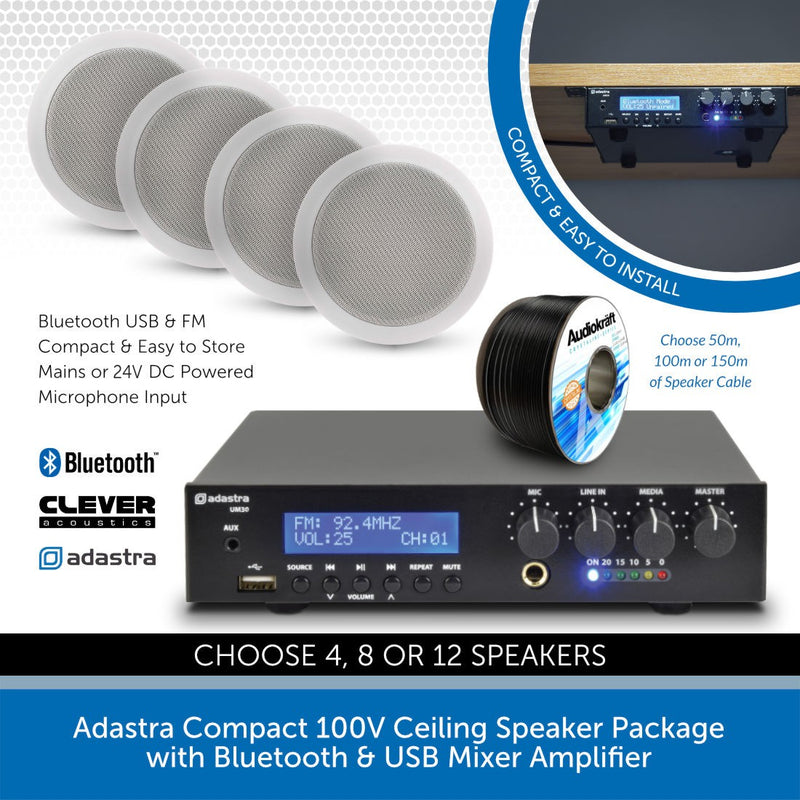 Adastra Compact 100V Ceiling Speaker Package with Bluetooth & USB Mixer Amplifier