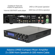 Adastra UM60 Compact Mixer-Amplifier 2 x 30W Horn Speakers & 100 metre Cable 