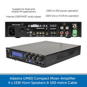 Adastra UM60 Compact Mixer-Amplifier 2 x 30W Horn Speakers & 100 metre Cable 