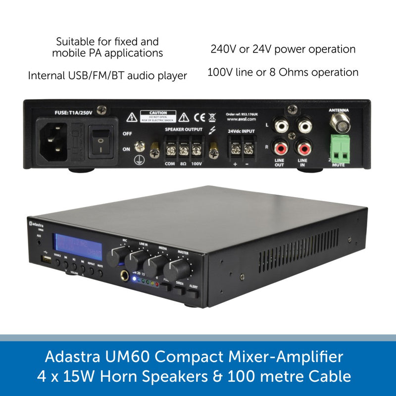 Adastra UM60 Compact Mixer-Amplifier 2 x 30W Horn Speakers & 100 metre Cable 