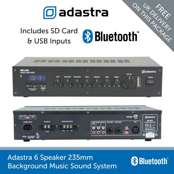 Adastra 6 Speaker Background Music System with Bluetooth - White or Black Wall Speakers