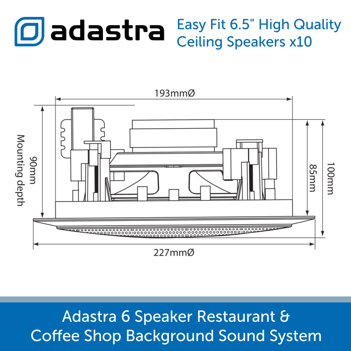 Adastra 6 Speaker Background Music System for Offices & Call Centres - In-Ceiling Speakers 6.5 inch